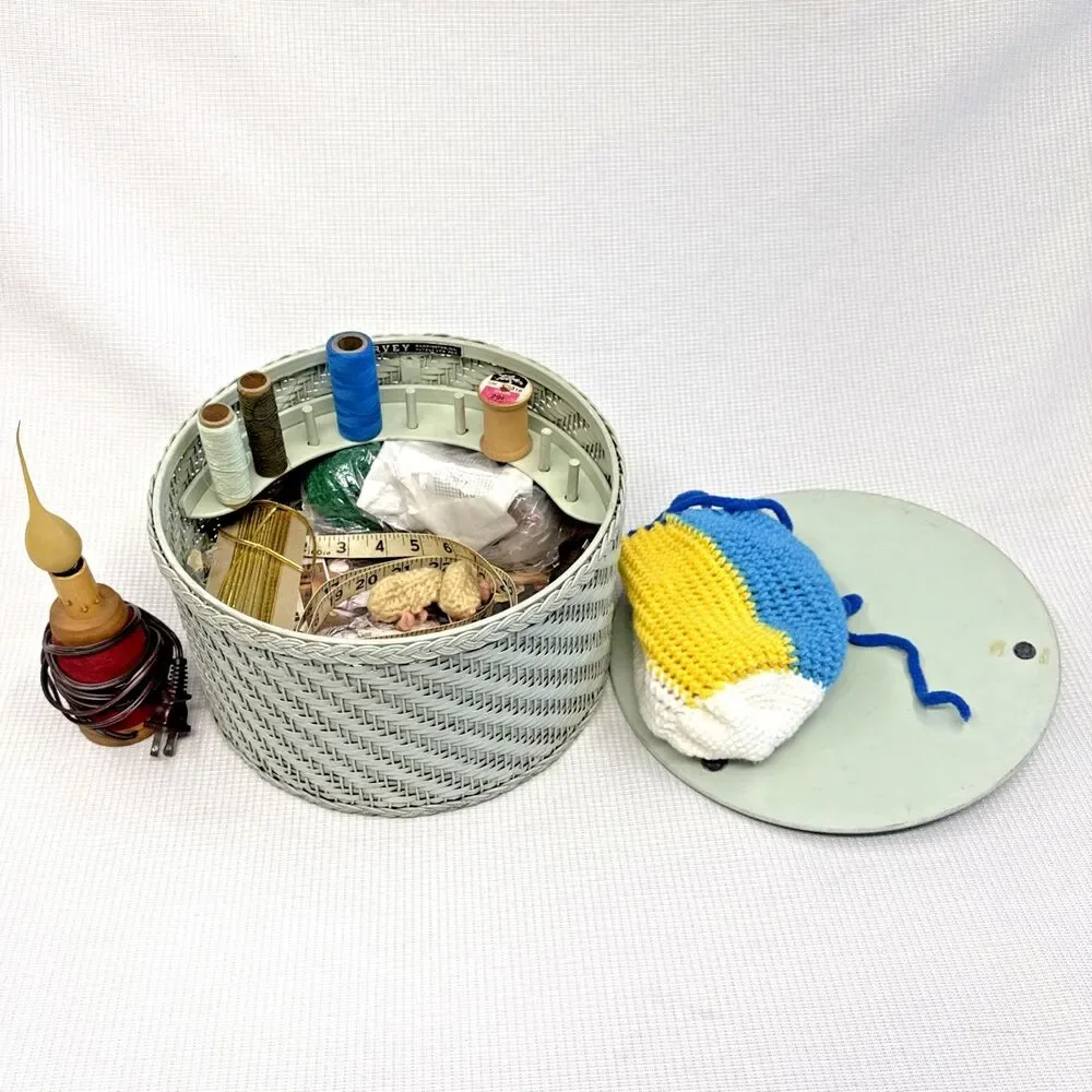 Vintage Wicker Sewing Basket filled with crafts & accessories! Mint Green Harvey